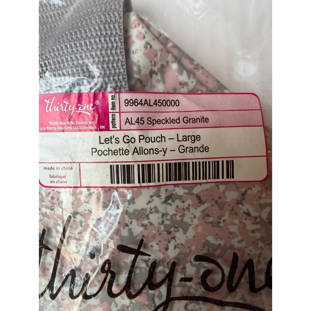 Thirty-One Let's Go Pouch Large Speckled Granite Pink Grey 9964 Travel Bag NIP